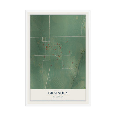 Map of Grainola, Oklahoma, 12 x 18 inch print in a white wood frame