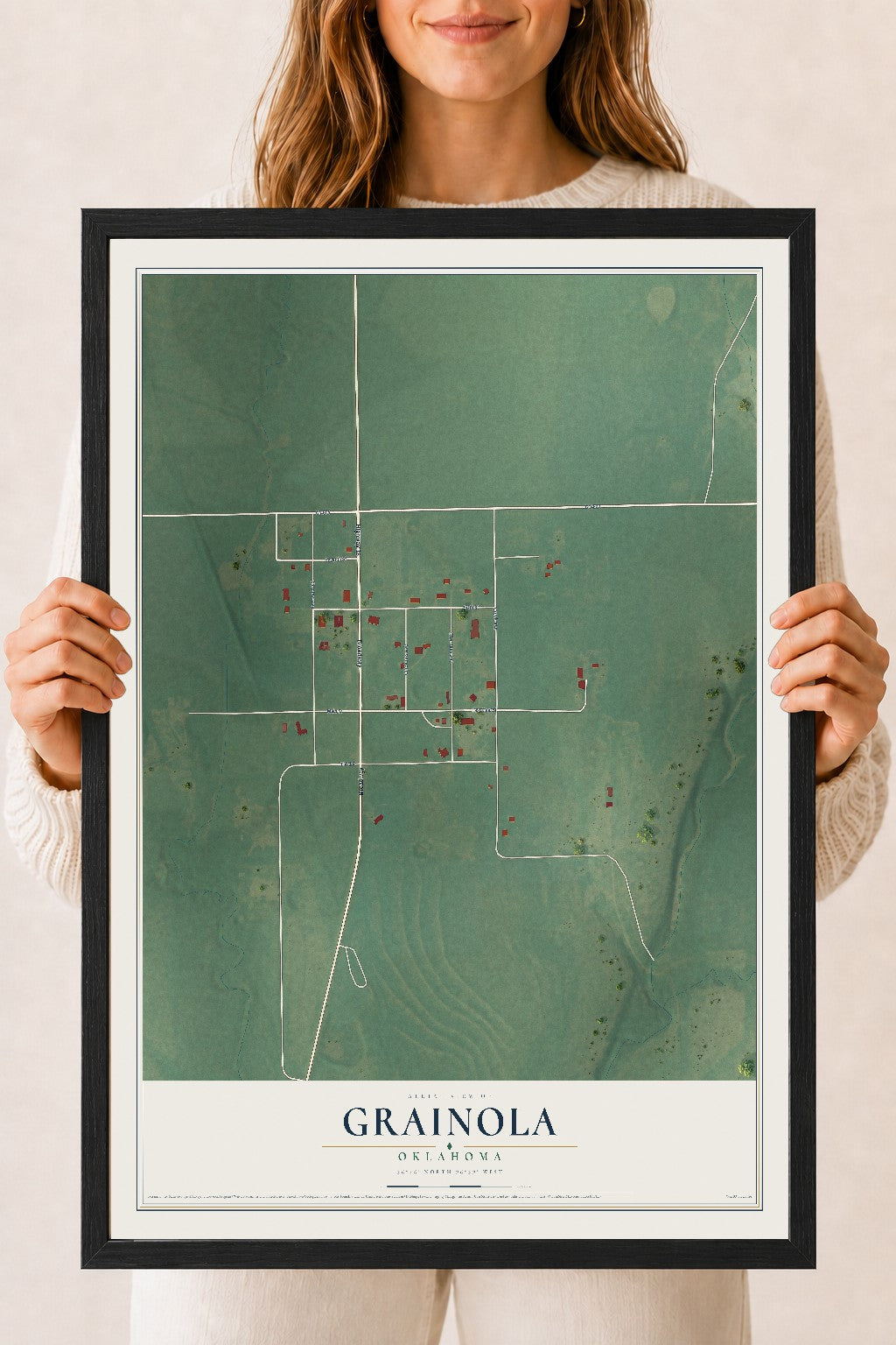 Map of Grainola, Oklahoma, 18 x 24 inch print in a black wood frame