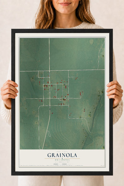 Map of Grainola, Oklahoma, 18 x 24 inch print in a black wood frame