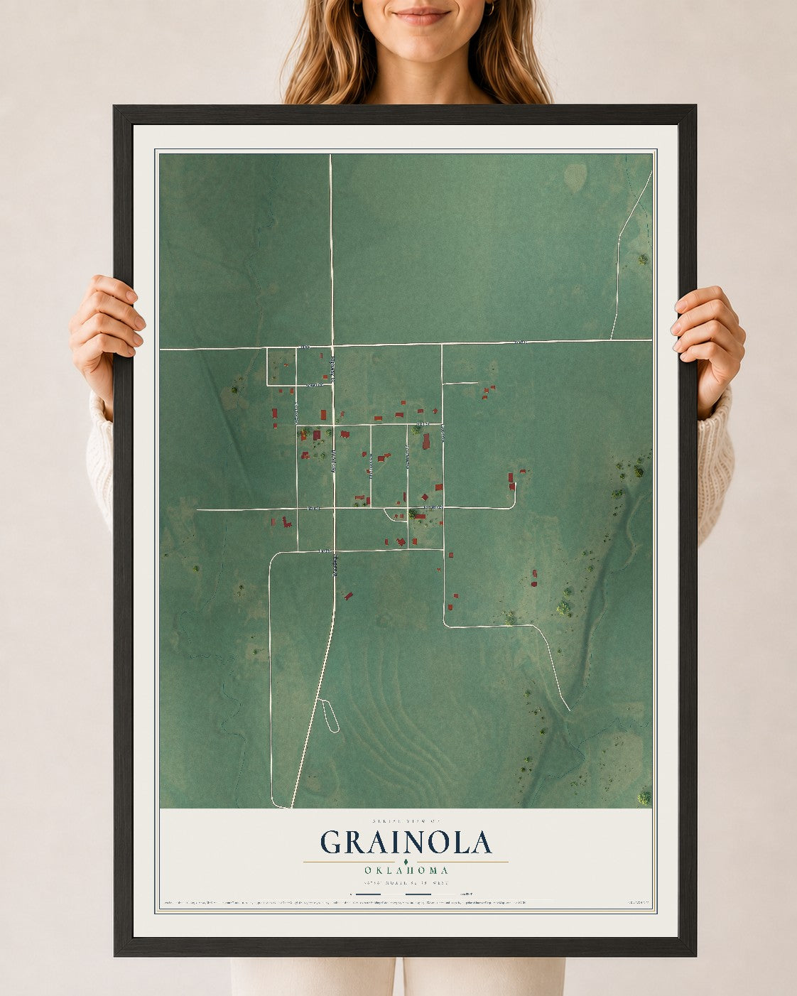 Map of Grainola, Oklahoma, 24 x 36 inch print in a black wood frame