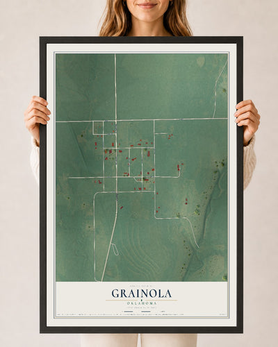 Map of Grainola, Oklahoma, 24 x 36 inch print in a black wood frame