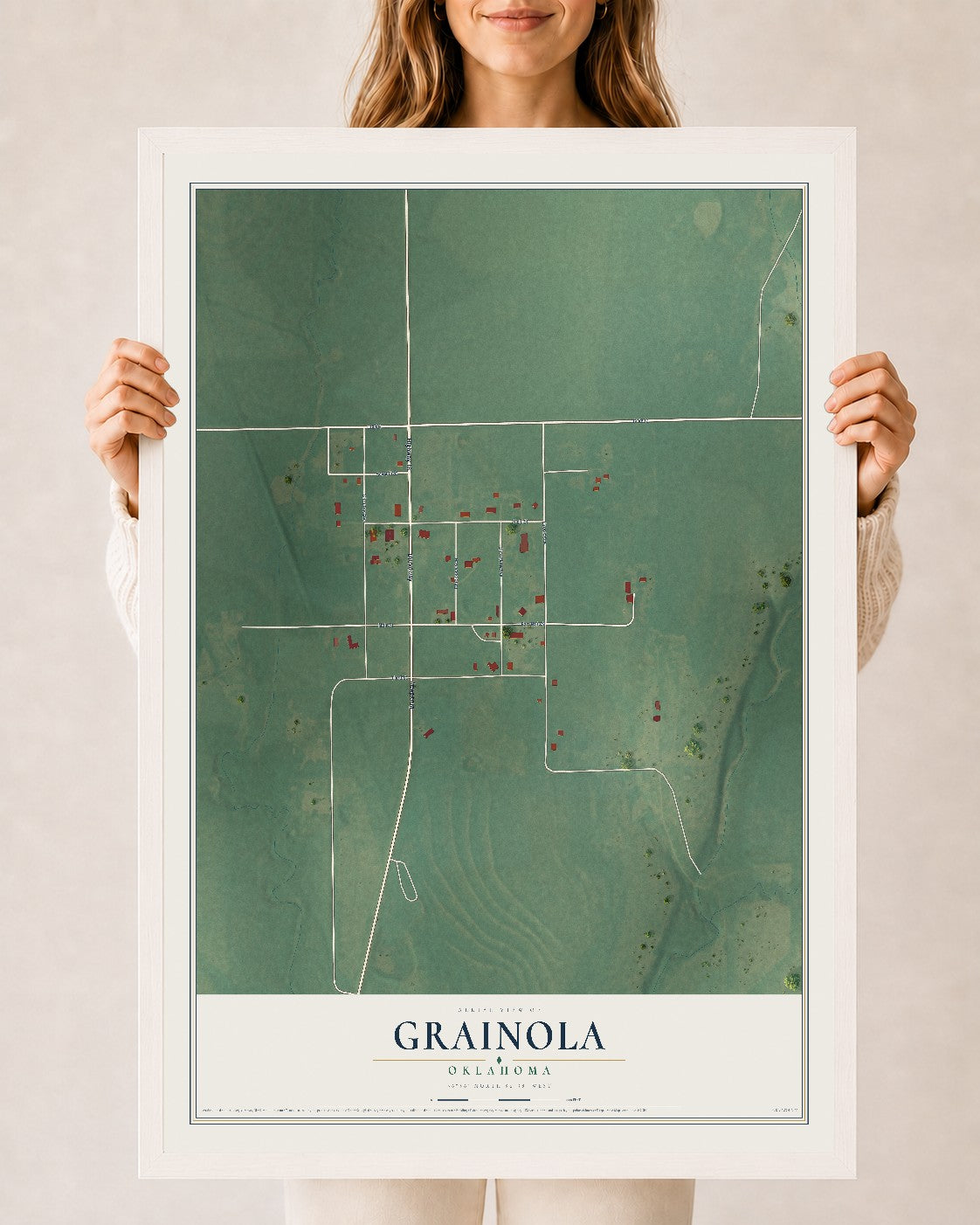 Map of Grainola, Oklahoma, 24 x 36 inch print in a white wood frame