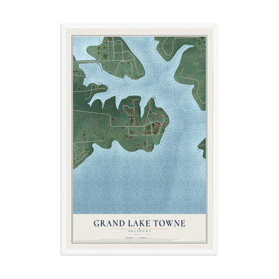 Map of Grand Lake Towne, Oklahoma, 12 x 18 inch print in a white wood frame