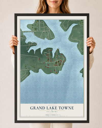 Map of Grand Lake Towne, Oklahoma, 24 x 36 inch print in a black wood frame