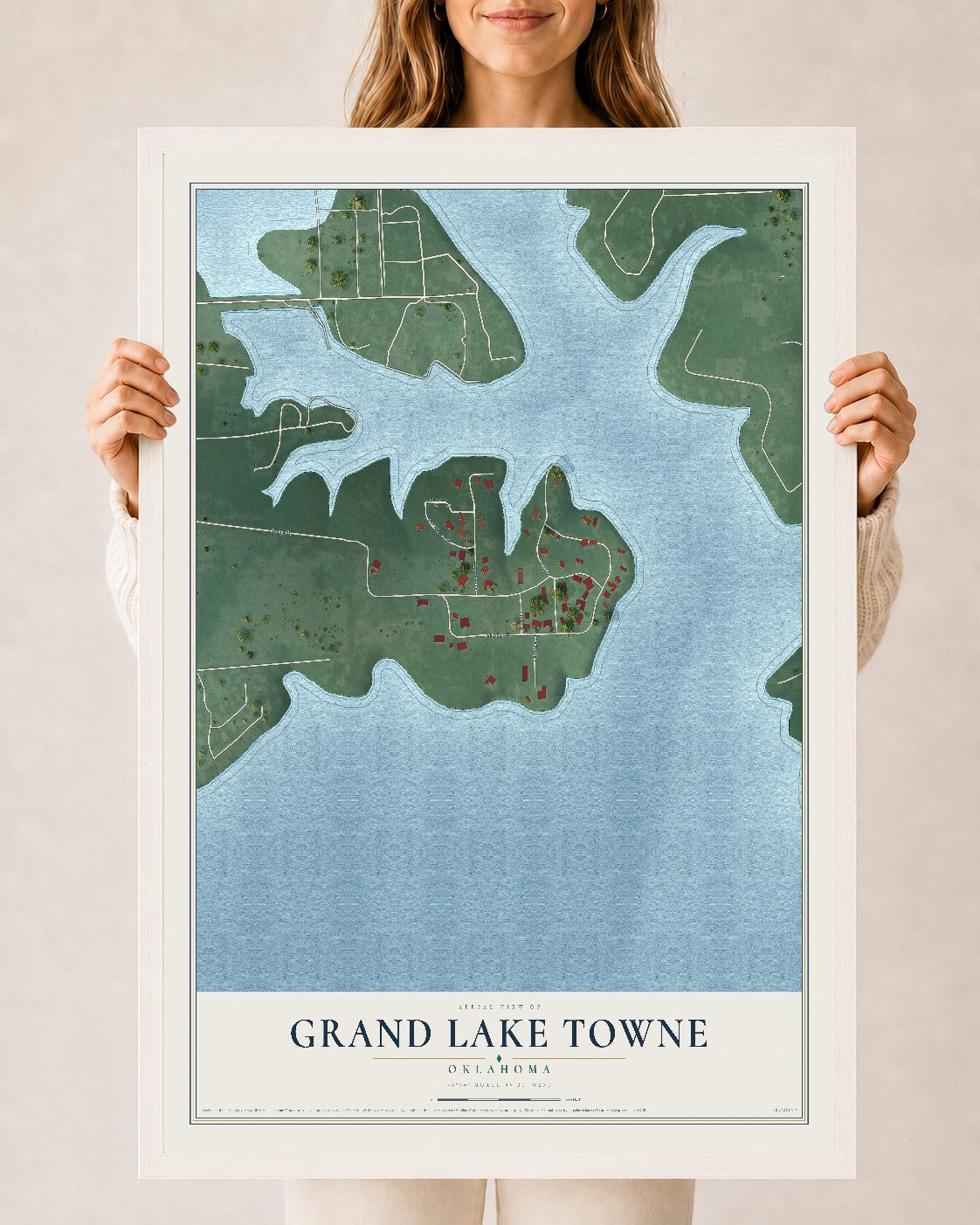Map of Grand Lake Towne, Oklahoma, 24 x 36 inch print in a white wood frame