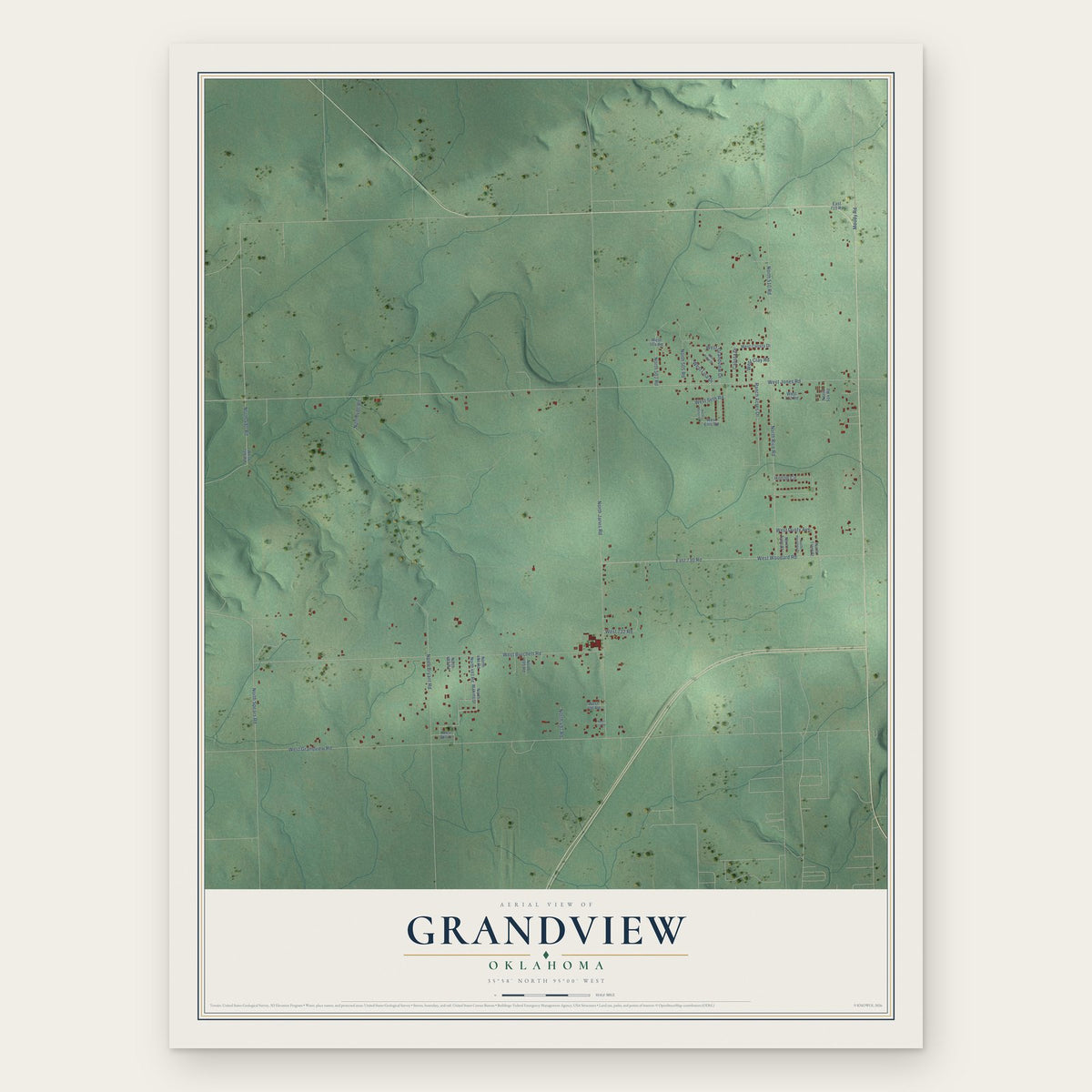 Grandview, Oklahoma map print, the full design