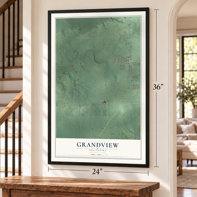 Grandview, Oklahoma map, 24 x 36 inch print in a black frame by a staircase