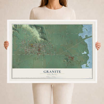 Map of Granite, Oklahoma, 24 x 36 inch print in a white wood frame