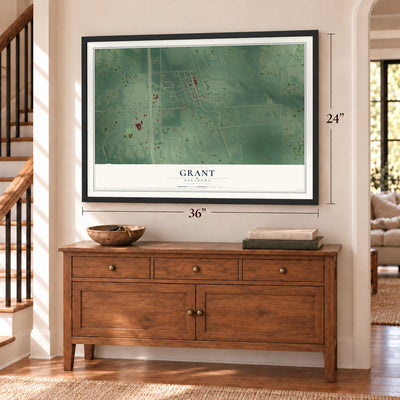 Grant, Oklahoma map, 24 x 36 inch print in a black frame above a dresser by a staircase