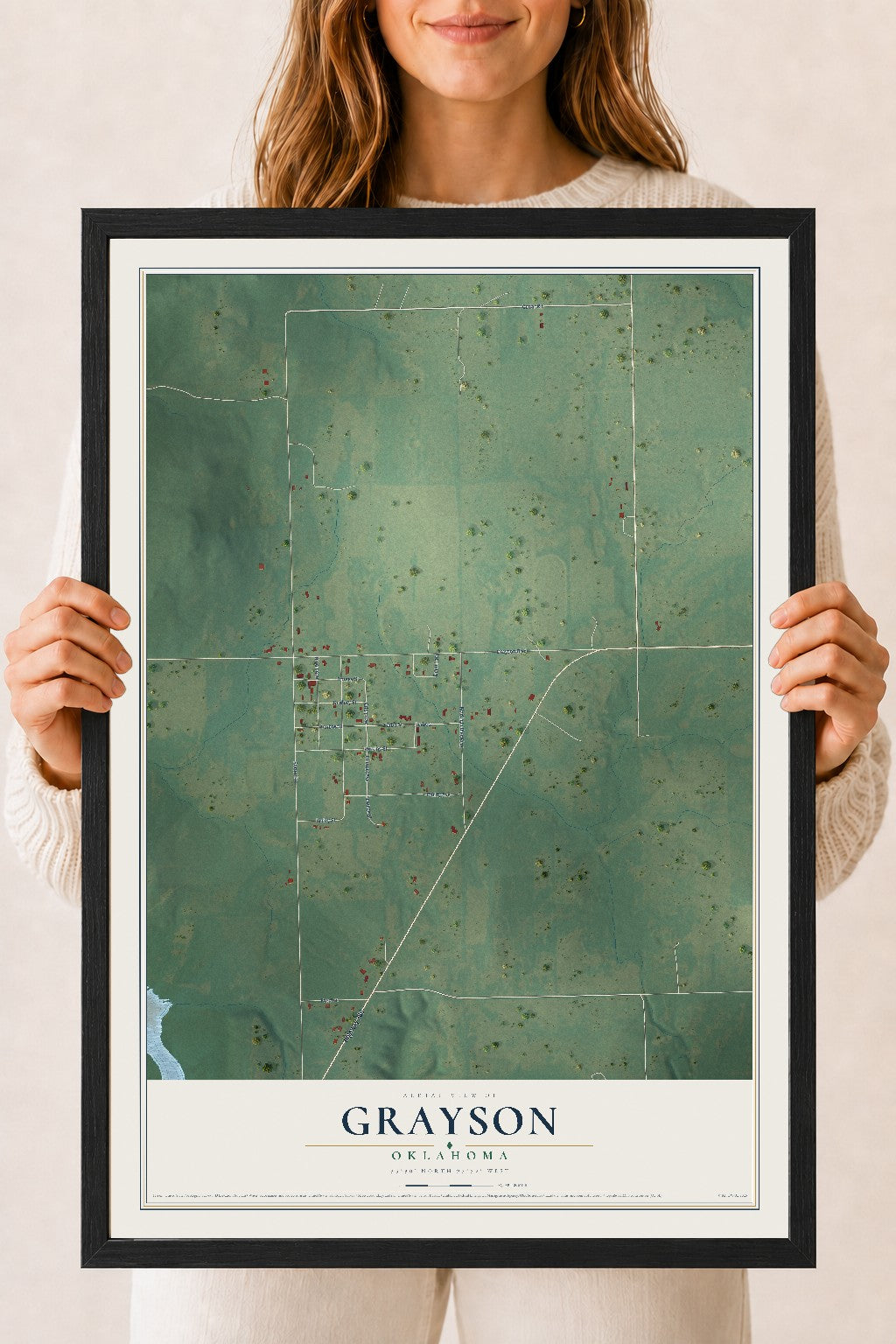 Map of Grayson, Oklahoma, 18 x 24 inch print in a black wood frame