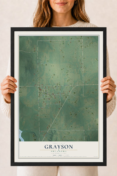 Map of Grayson, Oklahoma, 18 x 24 inch print in a black wood frame