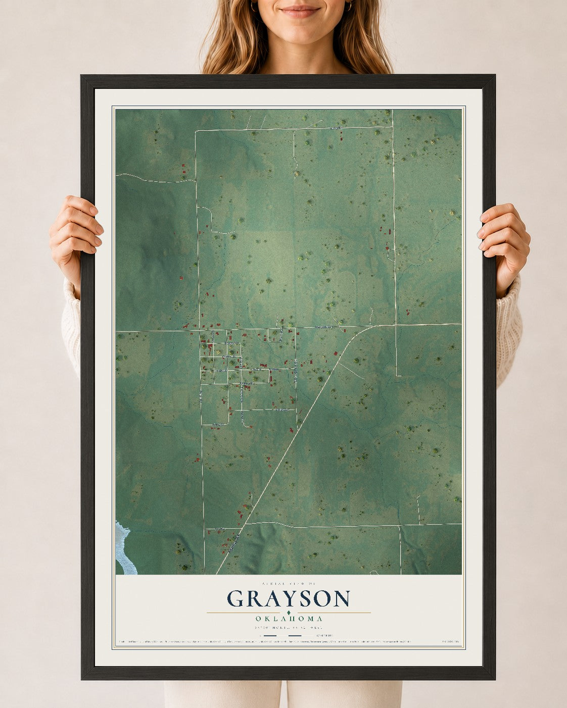 Map of Grayson, Oklahoma, 24 x 36 inch print in a black wood frame