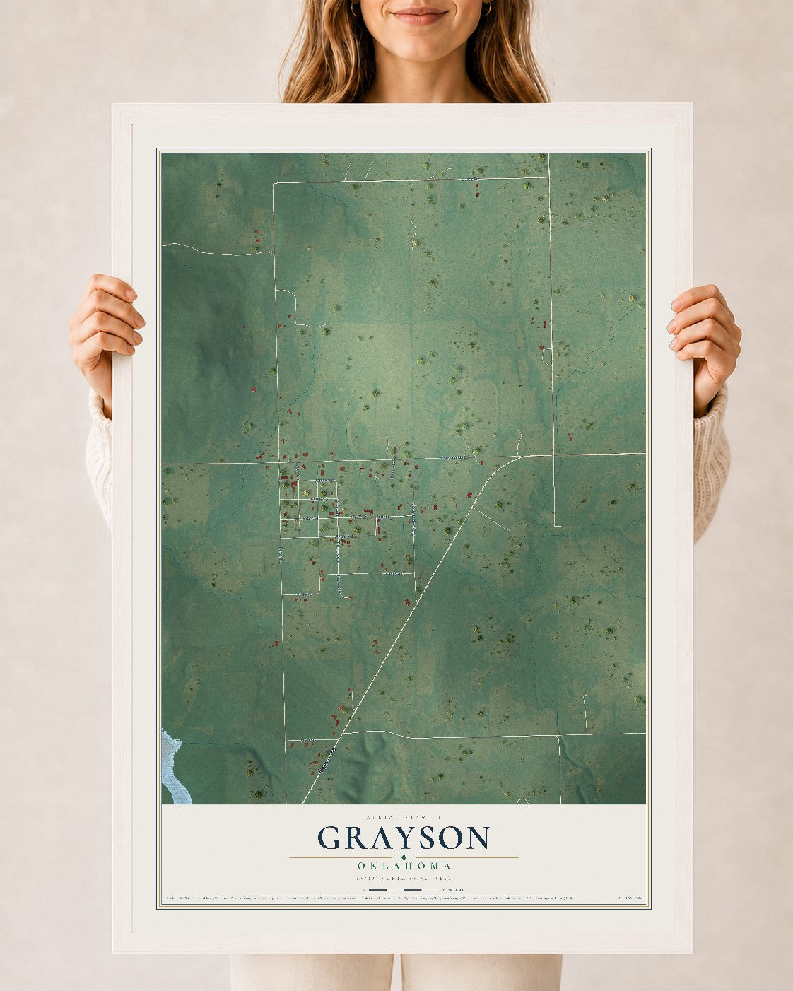 Map of Grayson, Oklahoma, 24 x 36 inch print in a white wood frame