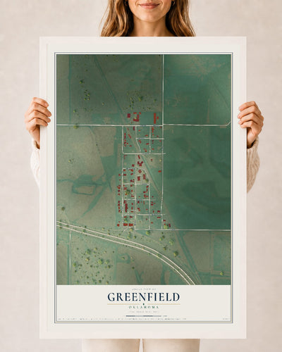 Map of Greenfield, Oklahoma, 24 x 36 inch print in a white wood frame