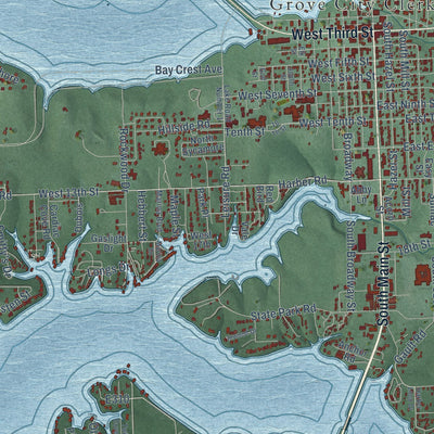 Close-up of the map of Grove, Oklahoma print showing street and building detail