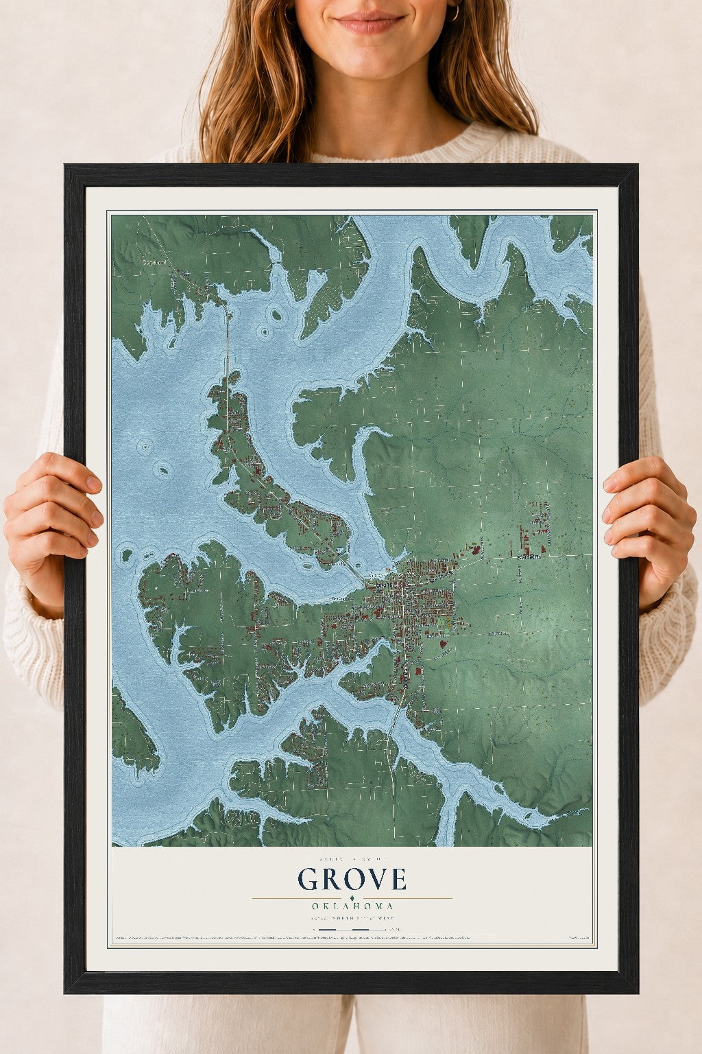 Map of Grove, Oklahoma, 18 x 24 inch print in a black wood frame