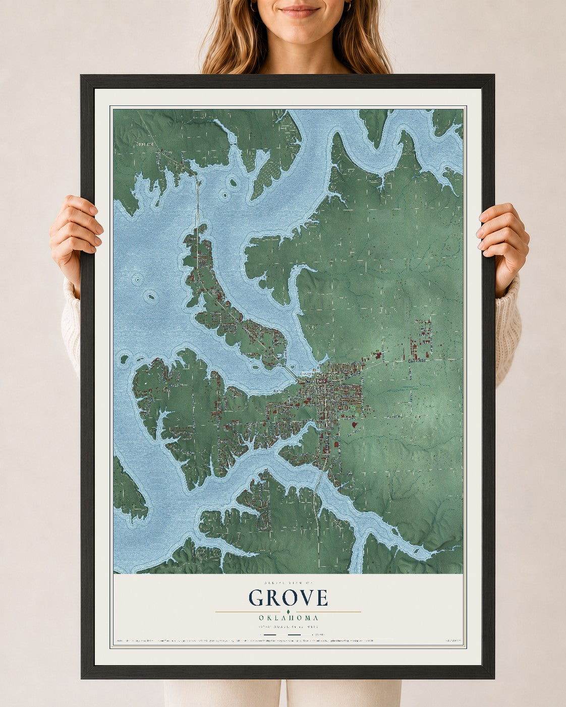 Map of Grove, Oklahoma, 24 x 36 inch print in a black wood frame