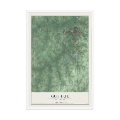 Map of Guthrie, Oklahoma, 12 x 18 inch print in a white wood frame