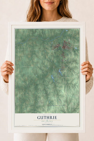 Map of Guthrie, Oklahoma, 18 x 24 inch print in a white wood frame