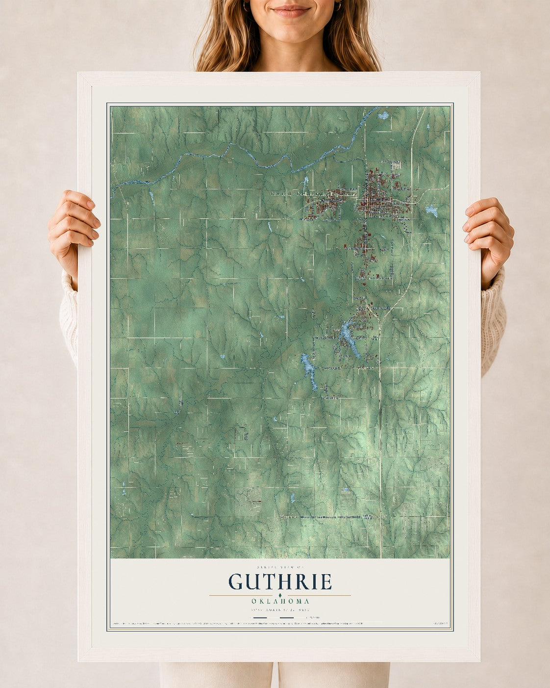 Map of Guthrie, Oklahoma, 24 x 36 inch print in a white wood frame