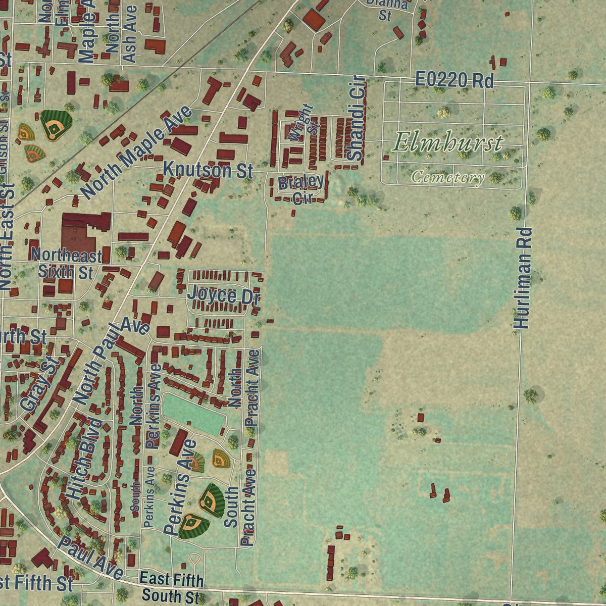 Second close-up of the map of Guymon, Oklahoma print showing more streets and buildings