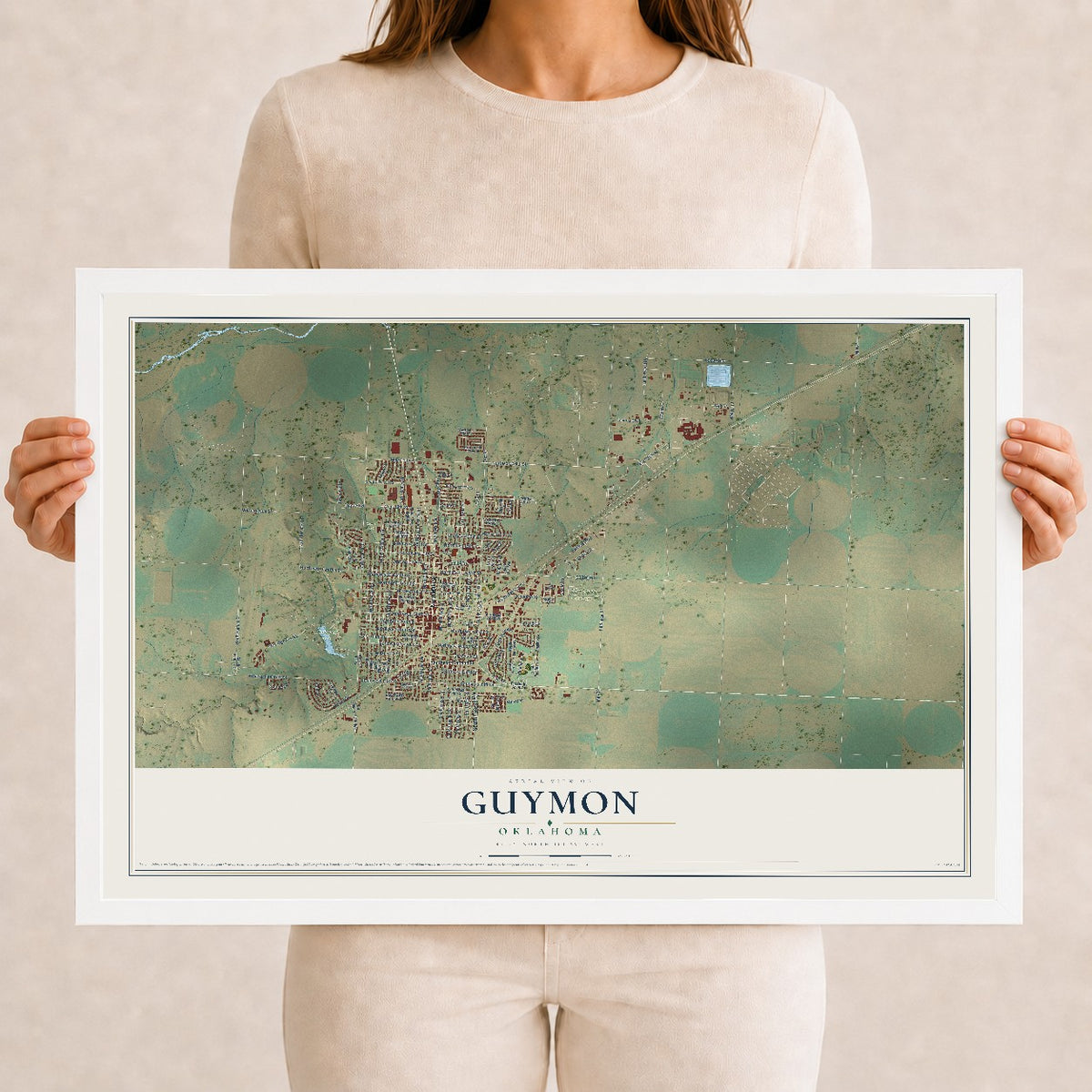 Map of Guymon, Oklahoma, 12 x 18 inch print in a white wood frame