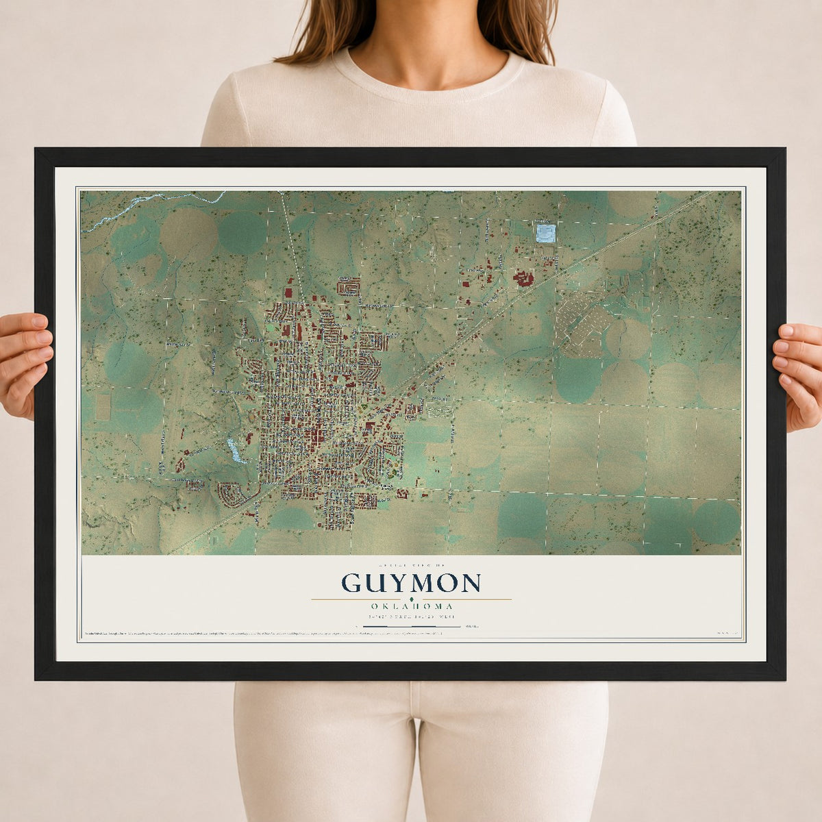 Map of Guymon, Oklahoma, 18 x 24 inch print in a black wood frame