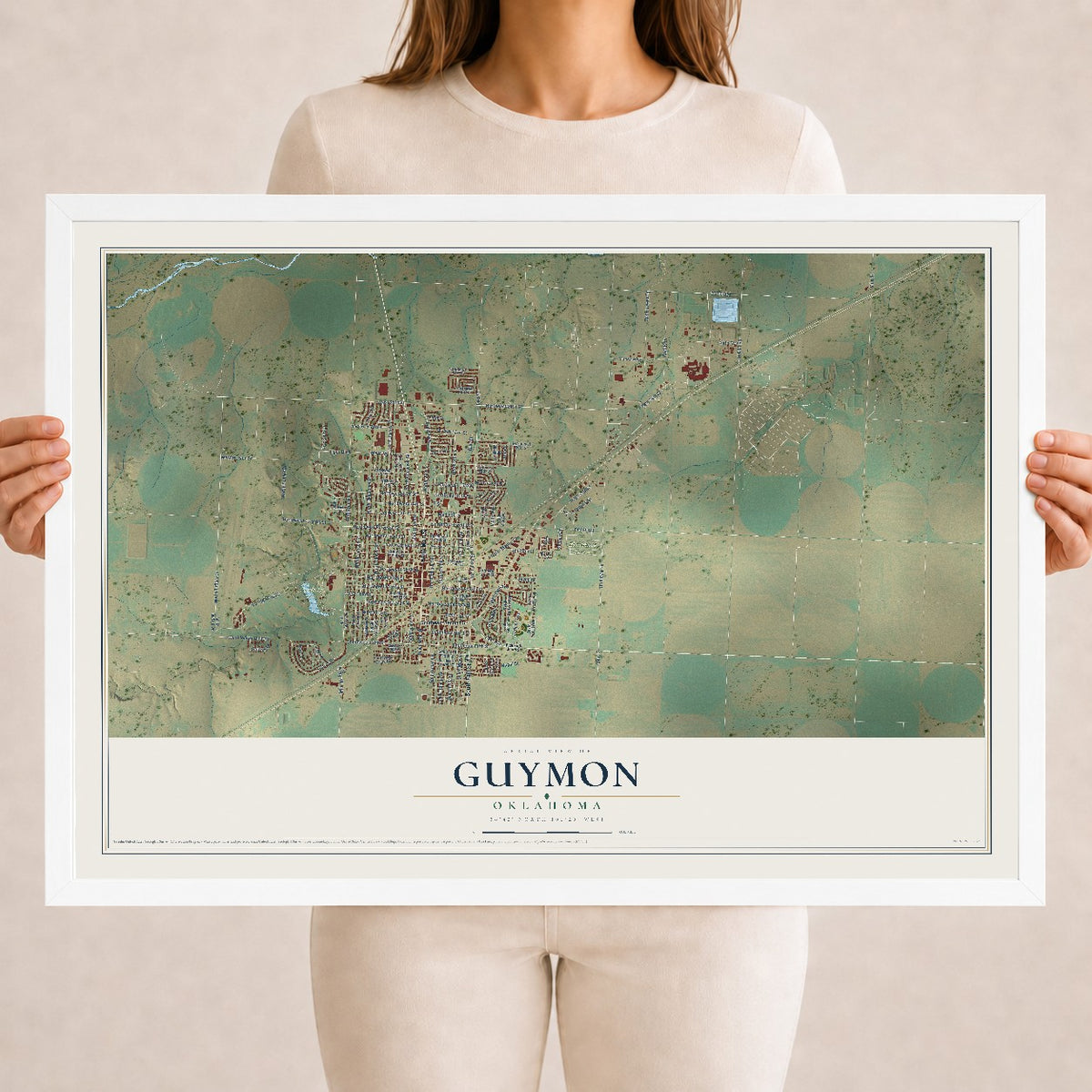 Map of Guymon, Oklahoma, 18 x 24 inch print in a white wood frame