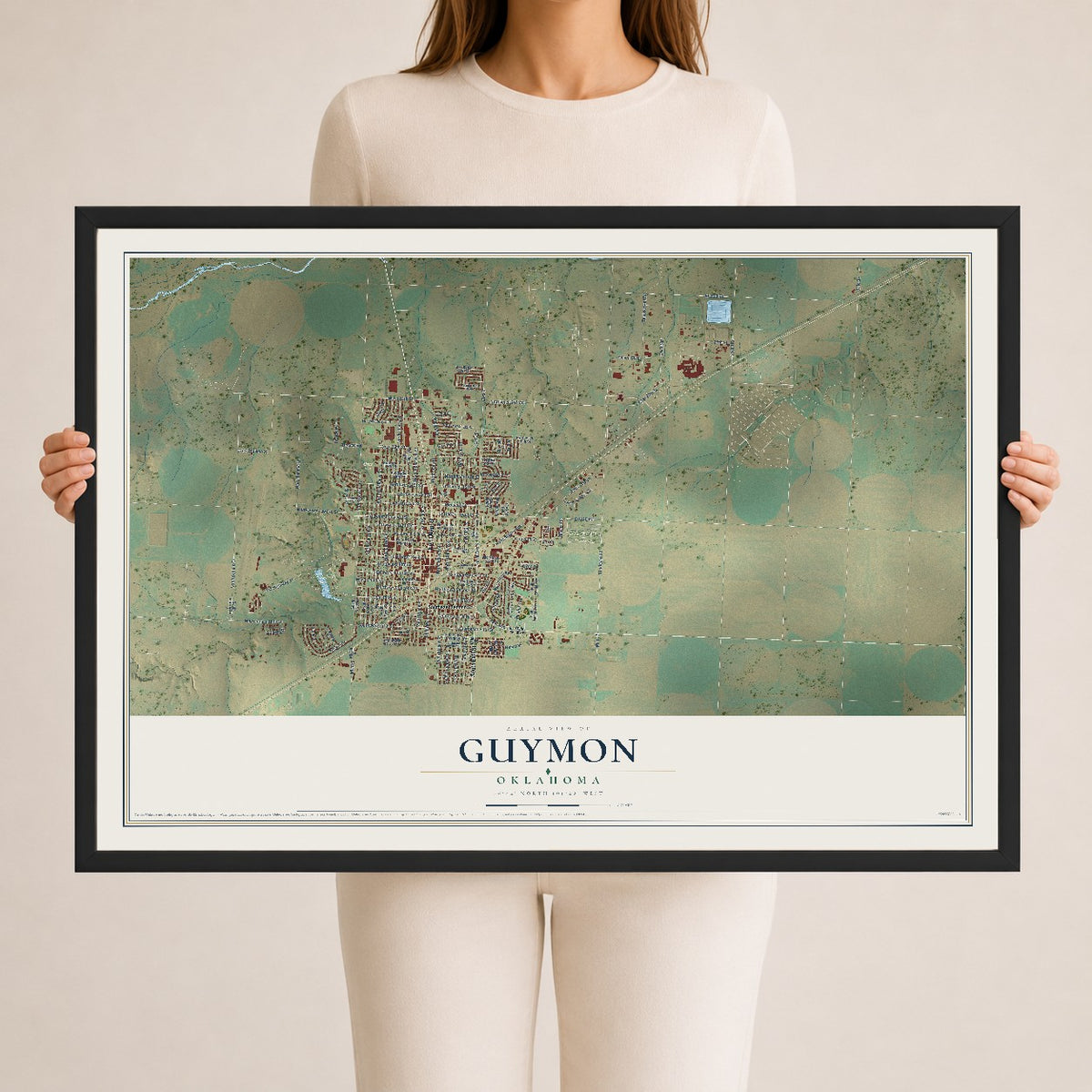 Map of Guymon, Oklahoma, 24 x 36 inch print in a black wood frame