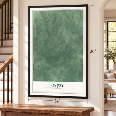 Gypsy, Oklahoma map, 24 x 36 inch print in a black frame by a staircase