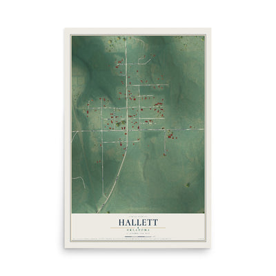 Map of Hallett, Oklahoma, 12 x 18 inch unframed archival matte print