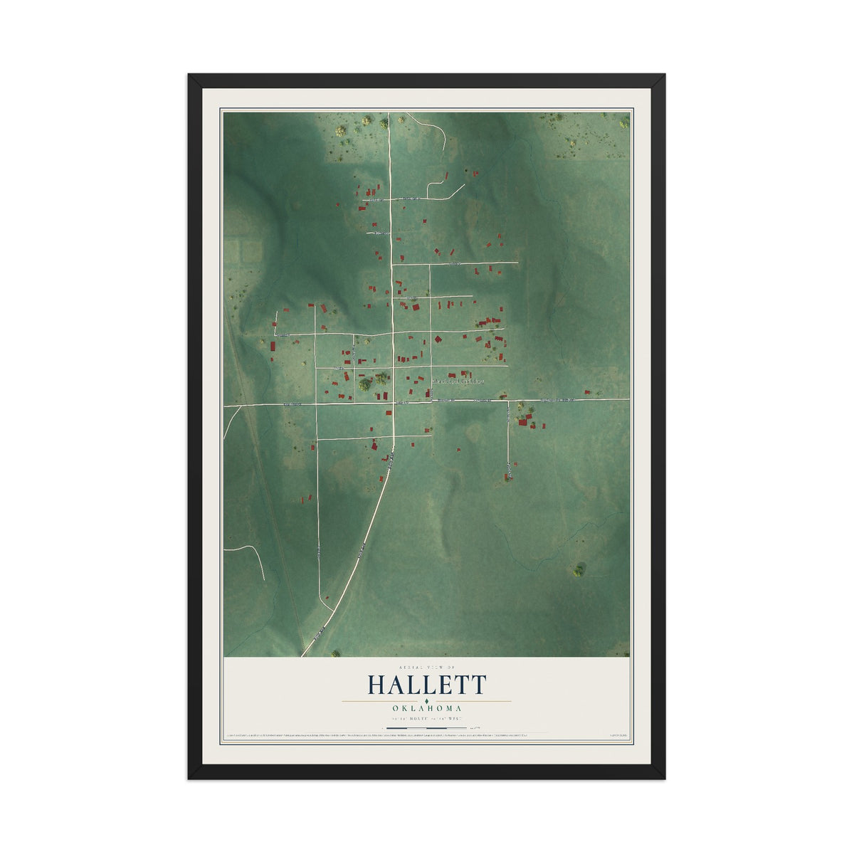 Map of Hallett, Oklahoma, 12 x 18 inch print in a black wood frame