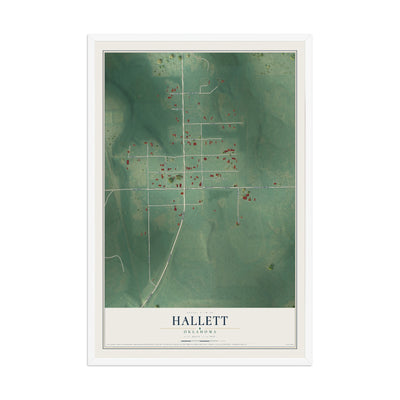 Map of Hallett, Oklahoma, 12 x 18 inch print in a white wood frame