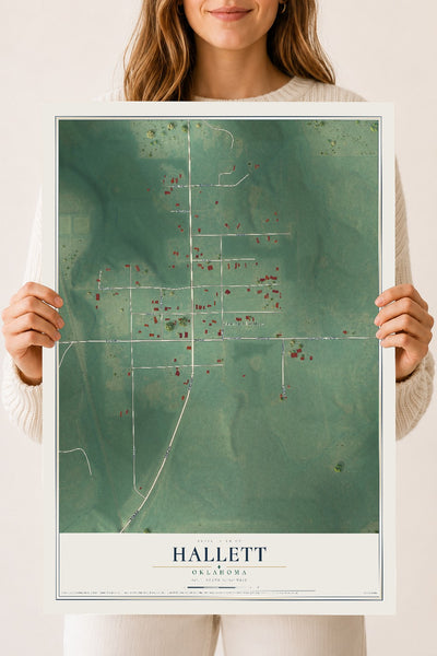 Map of Hallett, Oklahoma, 18 x 24 inch unframed archival matte print