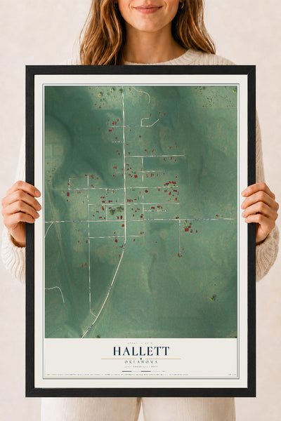 Map of Hallett, Oklahoma, 18 x 24 inch print in a black wood frame