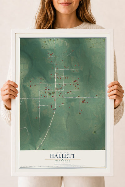Map of Hallett, Oklahoma, 18 x 24 inch print in a white wood frame