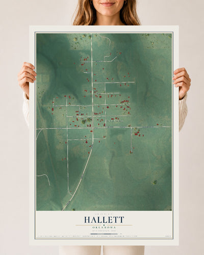 Map of Hallett, Oklahoma, 24 x 36 inch unframed archival matte print