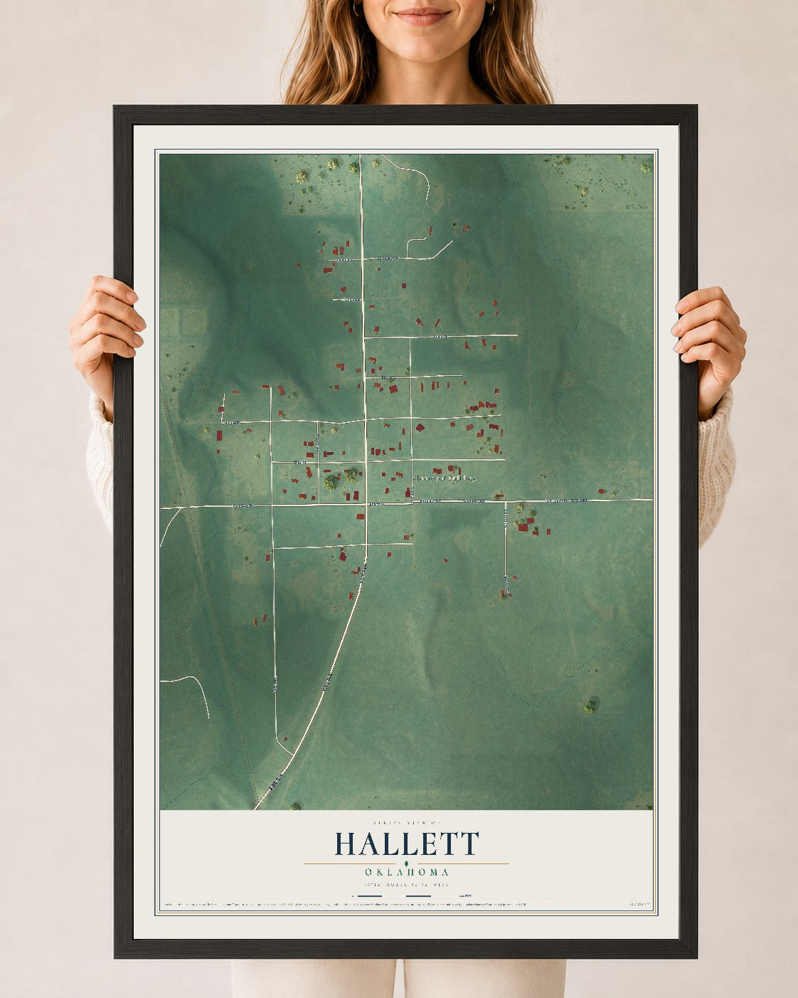 Map of Hallett, Oklahoma, 24 x 36 inch print in a black wood frame