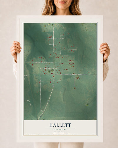 Map of Hallett, Oklahoma, 24 x 36 inch print in a white wood frame