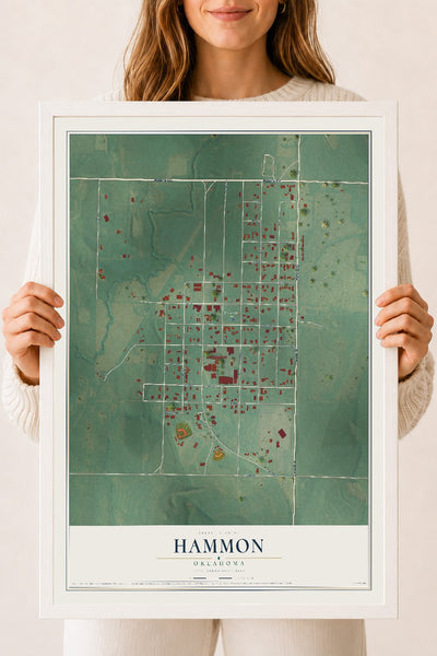 Map of Hammon, Oklahoma, 18 x 24 inch print in a white wood frame