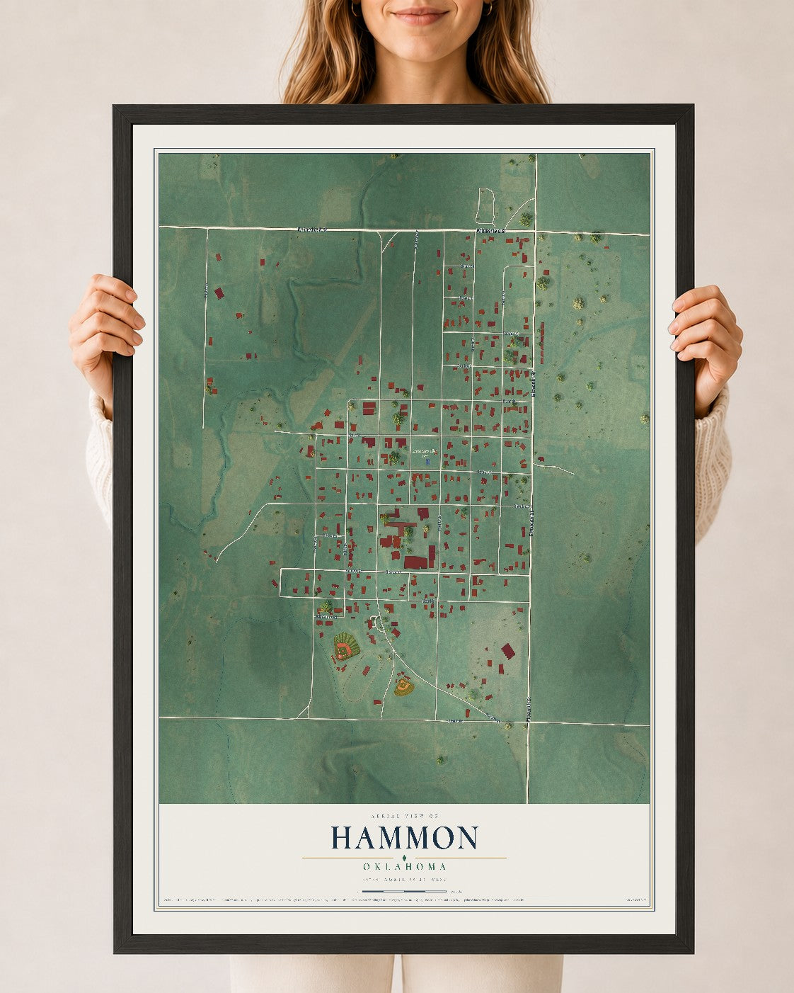 Map of Hammon, Oklahoma, 24 x 36 inch print in a black wood frame