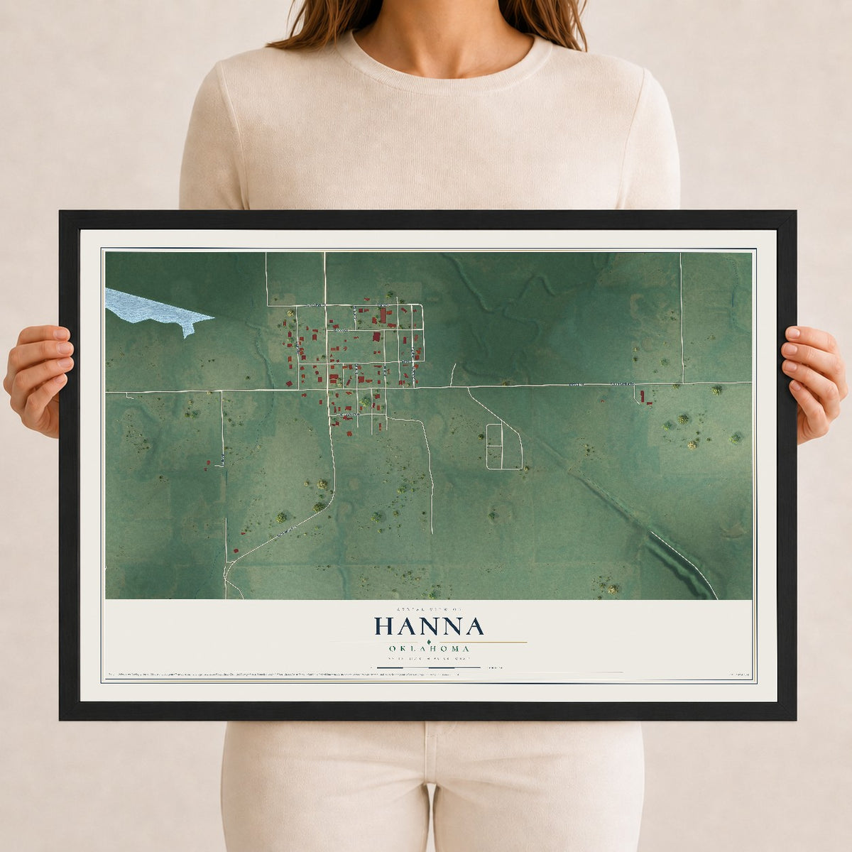 Map of Hanna, Oklahoma, 12 x 18 inch print in a black wood frame