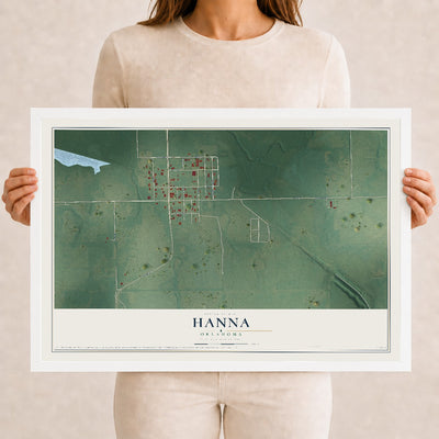 Map of Hanna, Oklahoma, 12 x 18 inch print in a white wood frame