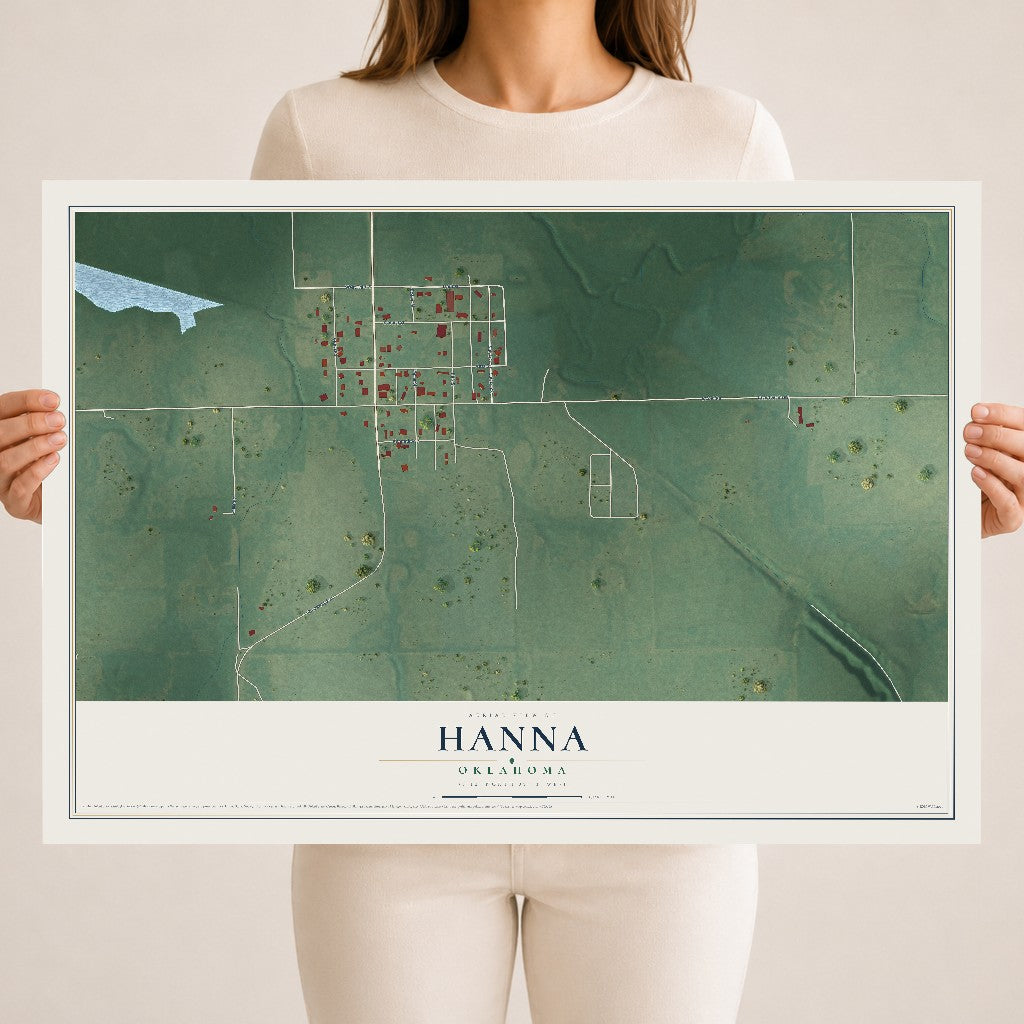 Map of Hanna, Oklahoma, 18 x 24 inch unframed archival matte print