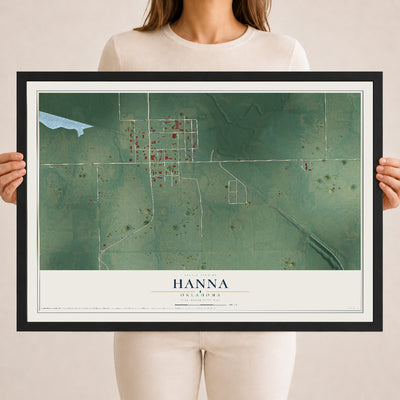 Map of Hanna, Oklahoma, 18 x 24 inch print in a black wood frame