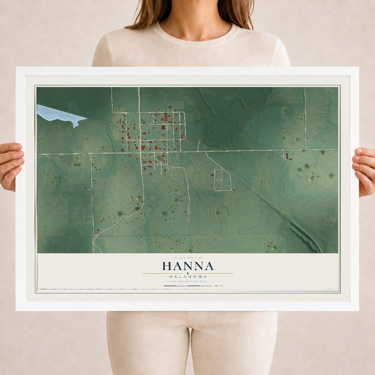 Map of Hanna, Oklahoma, 18 x 24 inch print in a white wood frame