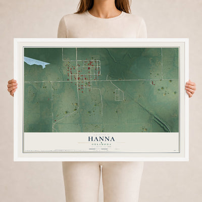 Map of Hanna, Oklahoma, 24 x 36 inch print in a white wood frame