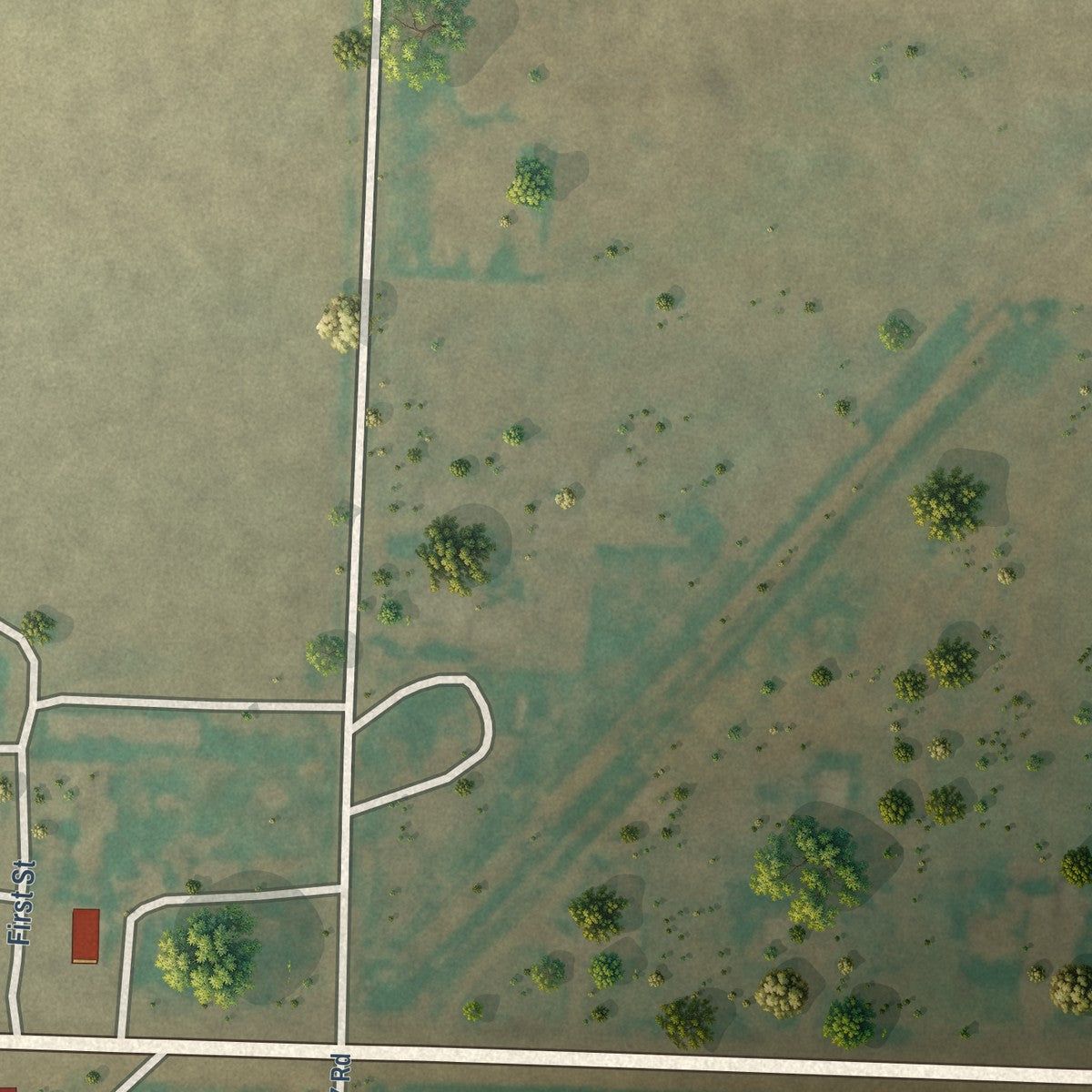 Second close-up of the map of Hardesty, Oklahoma print showing more streets and buildings