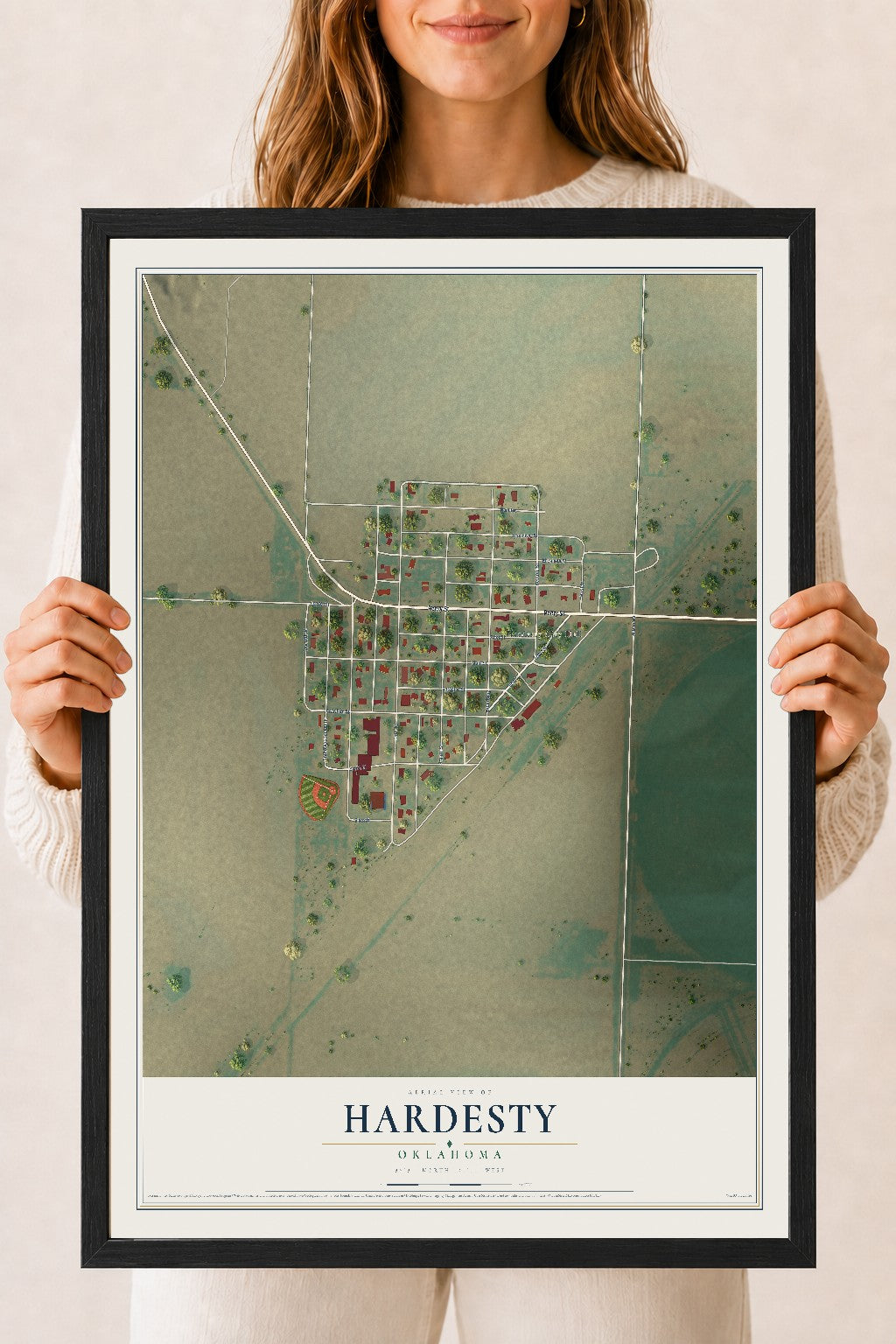 Map of Hardesty, Oklahoma, 18 x 24 inch print in a black wood frame