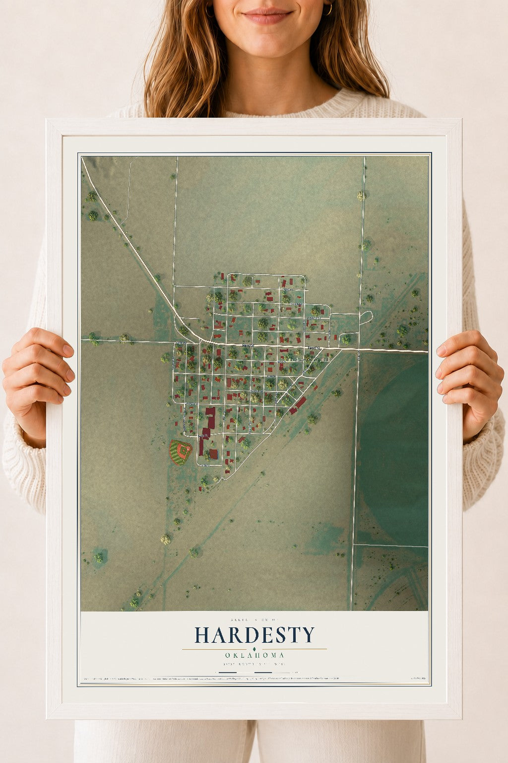 Map of Hardesty, Oklahoma, 18 x 24 inch print in a white wood frame